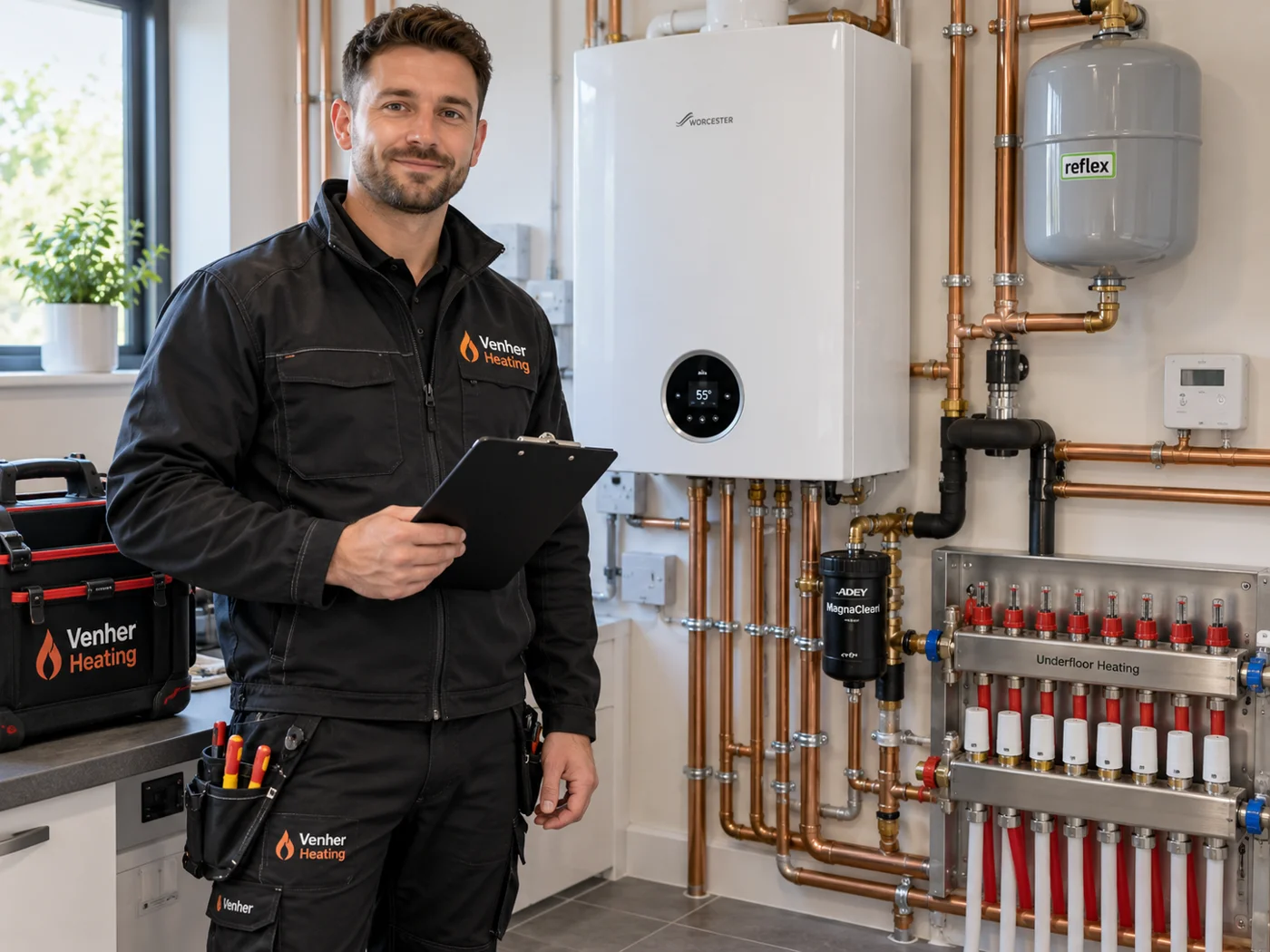 Venher Heating engineer beside a newly fitted boiler